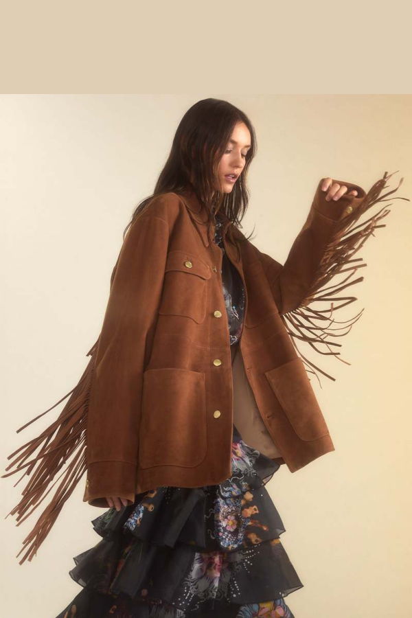 Cynthia Rowley Westward Fringe Suede Jacket - Chestnut Brown