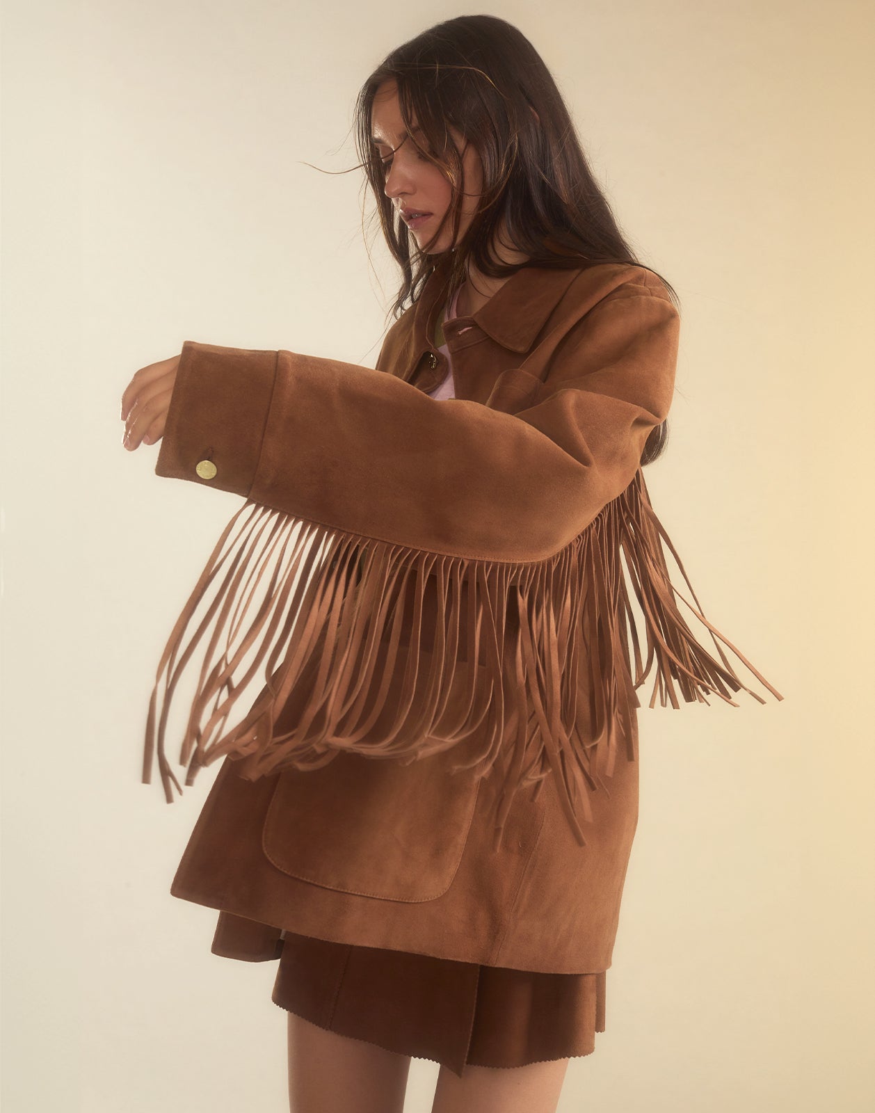 Cynthia Rowley Westward Fringe Suede Jacket - Chestnut Brown