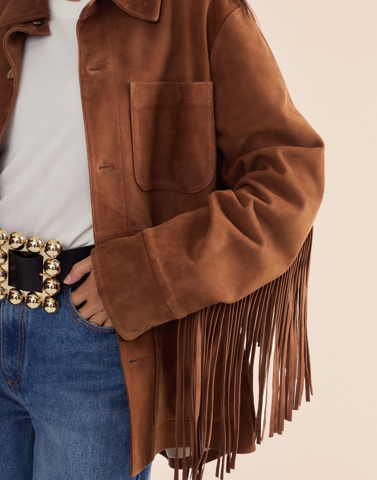 Cynthia Rowley Westward Fringe Suede Jacket - Chestnut Brown