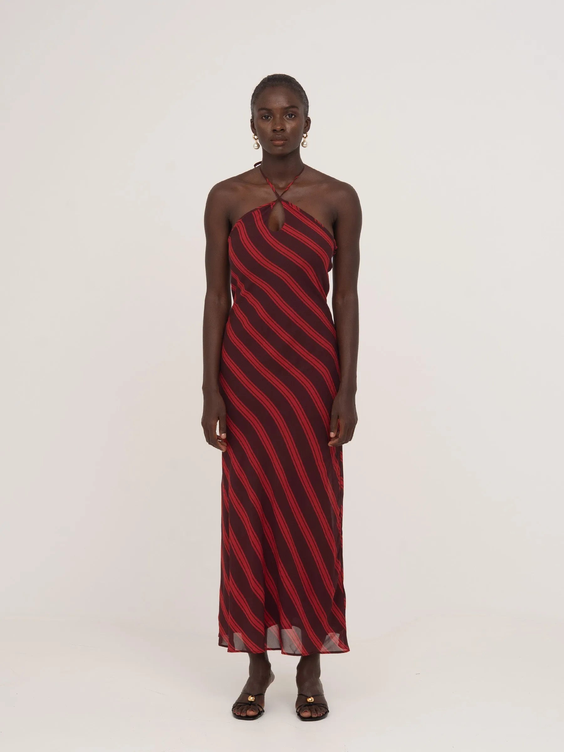 Carmensays Whispered Striped Long Occasion Dress - Burgundy/Red