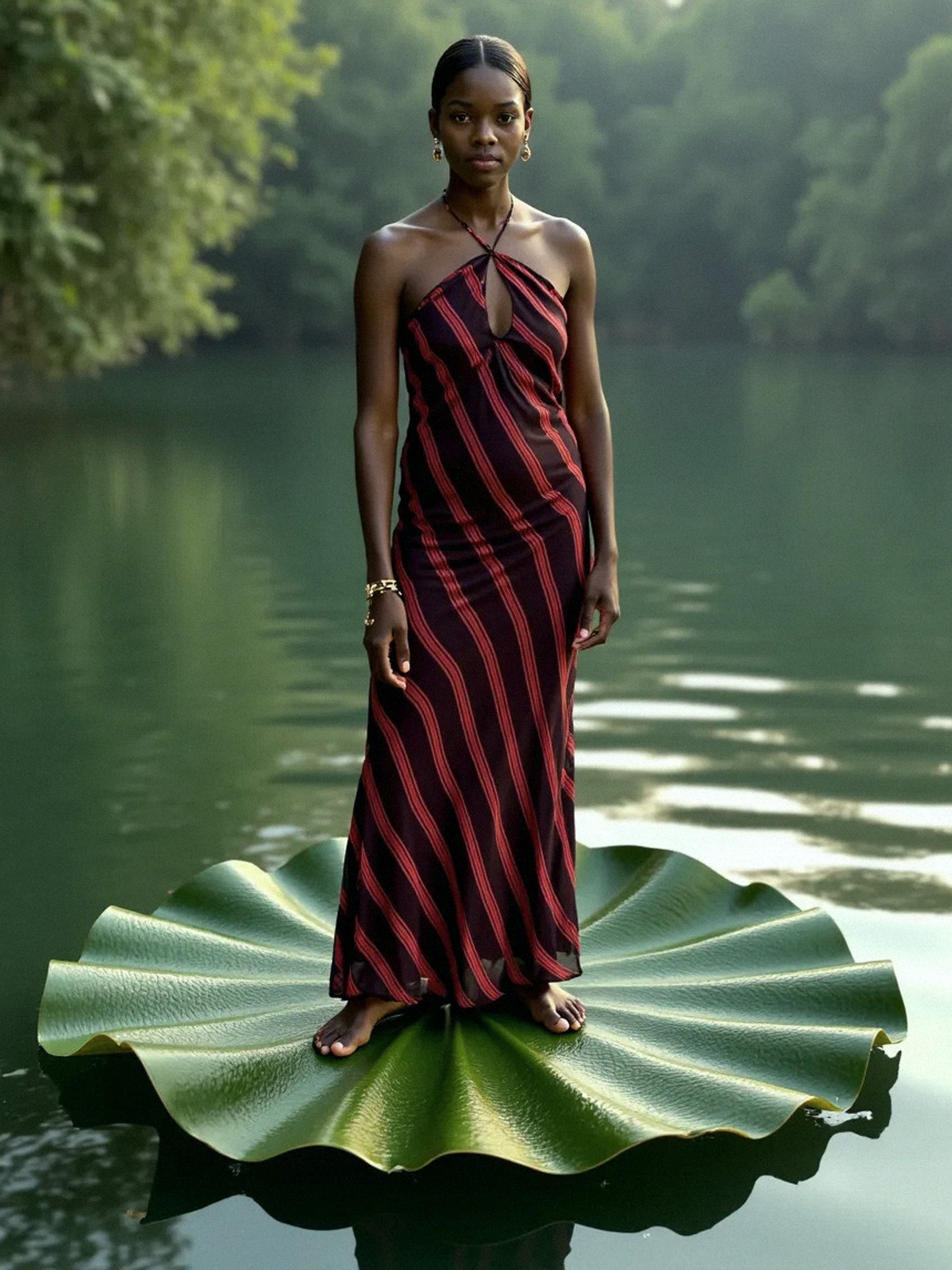 Carmensays Whispered Striped Long Occasion Dress - Burgundy/Red