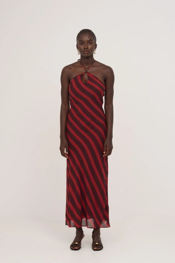Carmensays Whispered Striped Long Occasion Dress - Burgundy/Red