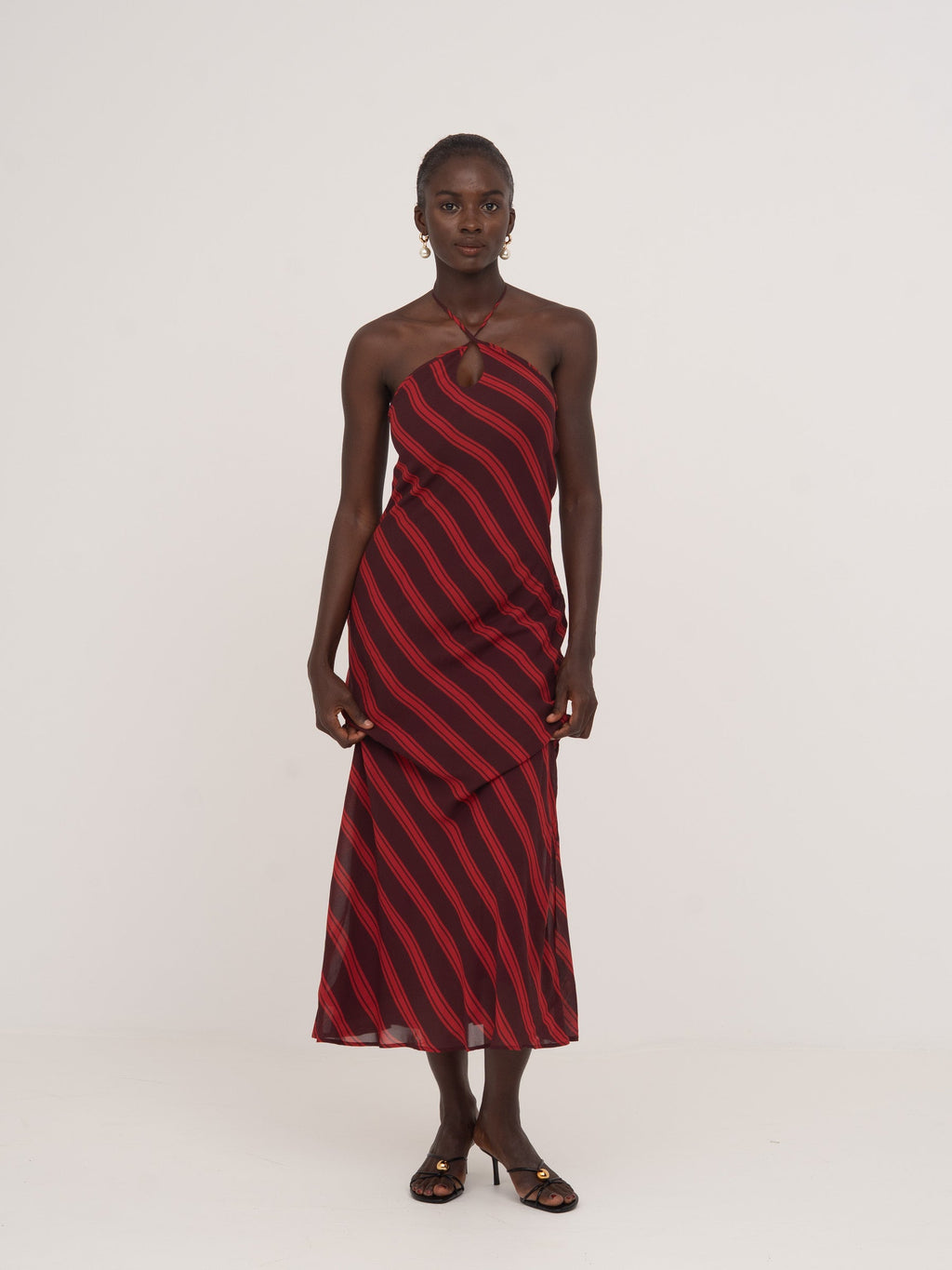Carmensays Whispered Striped Long Occasion Dress - Burgundy/Red