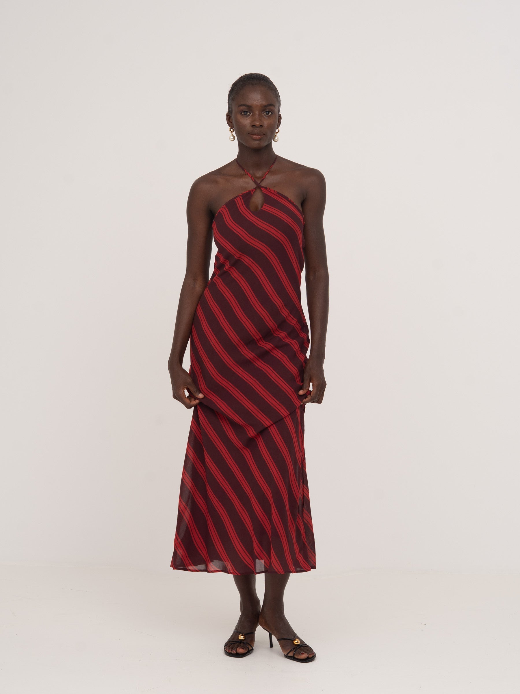 Carmensays Whispered Striped Long Occasion Dress - Burgundy/Red