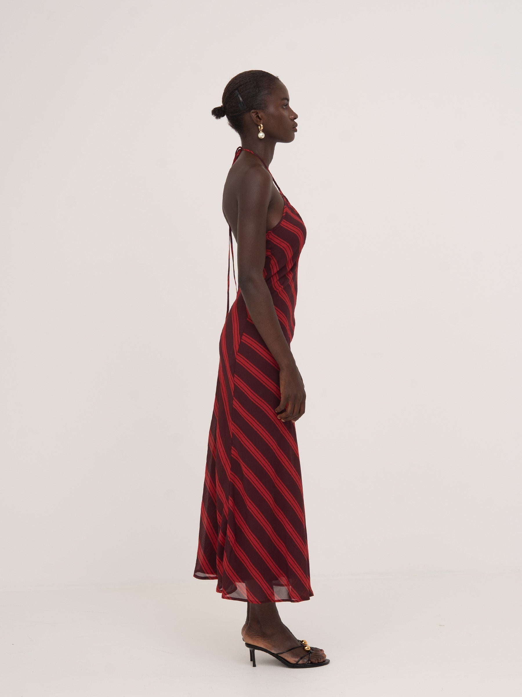 Carmensays Whispered Striped Long Occasion Dress - Burgundy/Red