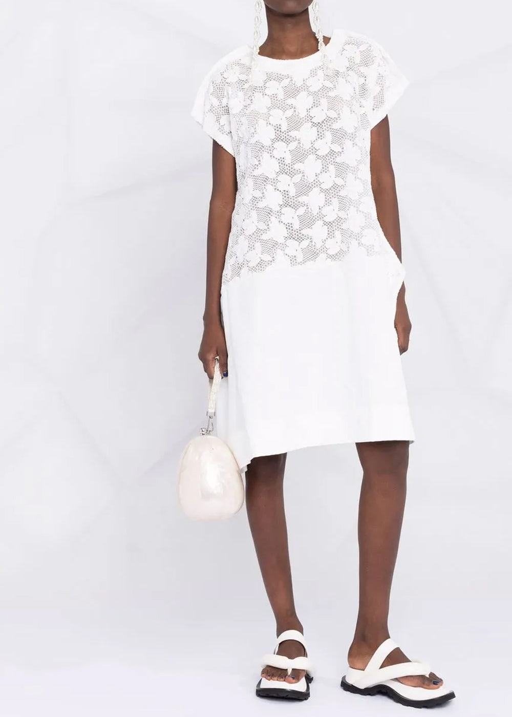 Comme des Garçons Floral-Embroidered Mesh T-shirt Dress - White