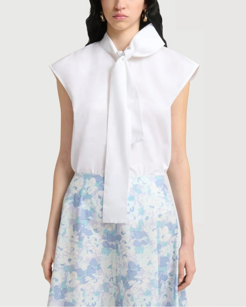 Marni Poplin Sleeveless Blouse with Neck Tie - White