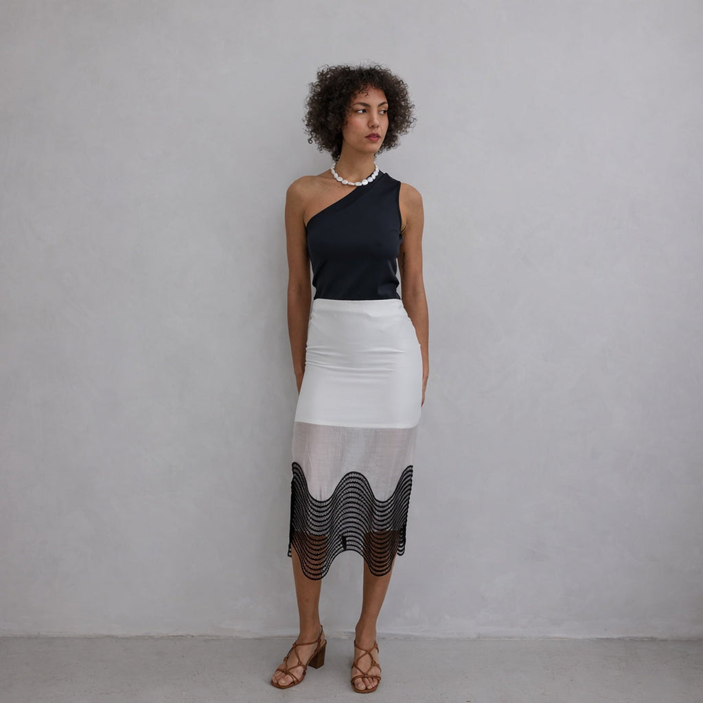 London Atelier Byproduct Sheer Pencil Skirt With Black Embroidery