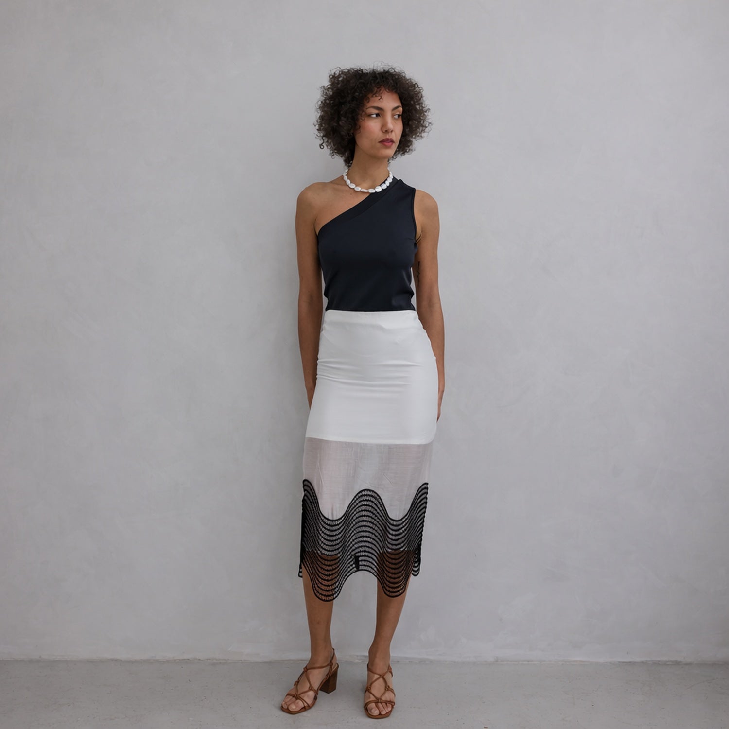 London Atelier Byproduct Sheer Pencil Skirt With Black Embroidery