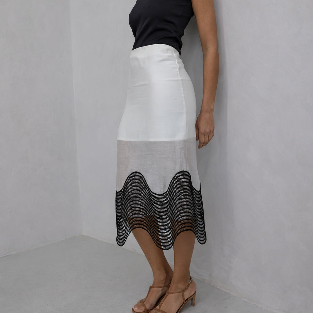 London Atelier Byproduct Sheer Pencil Skirt With Black Embroidery