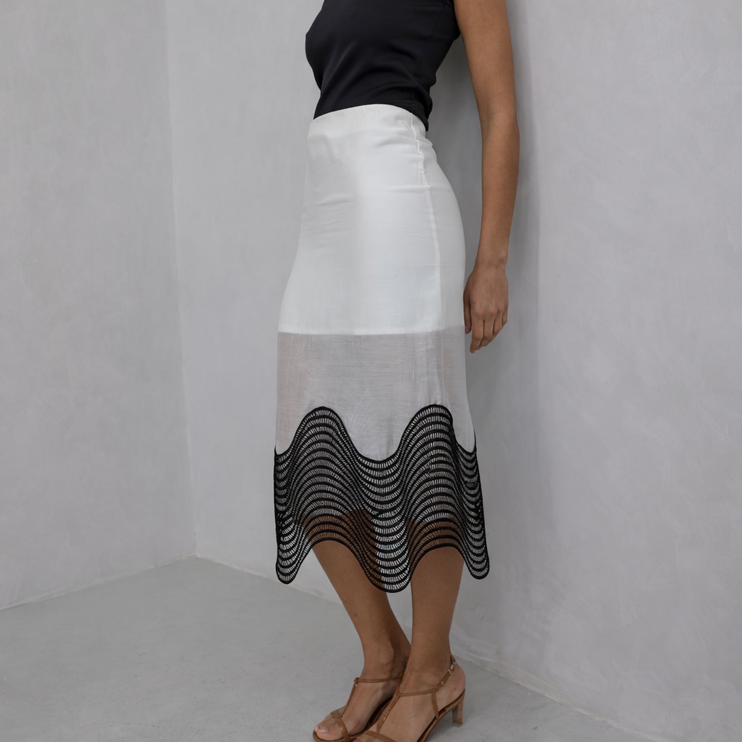 London Atelier Byproduct Sheer Pencil Skirt With Black Embroidery