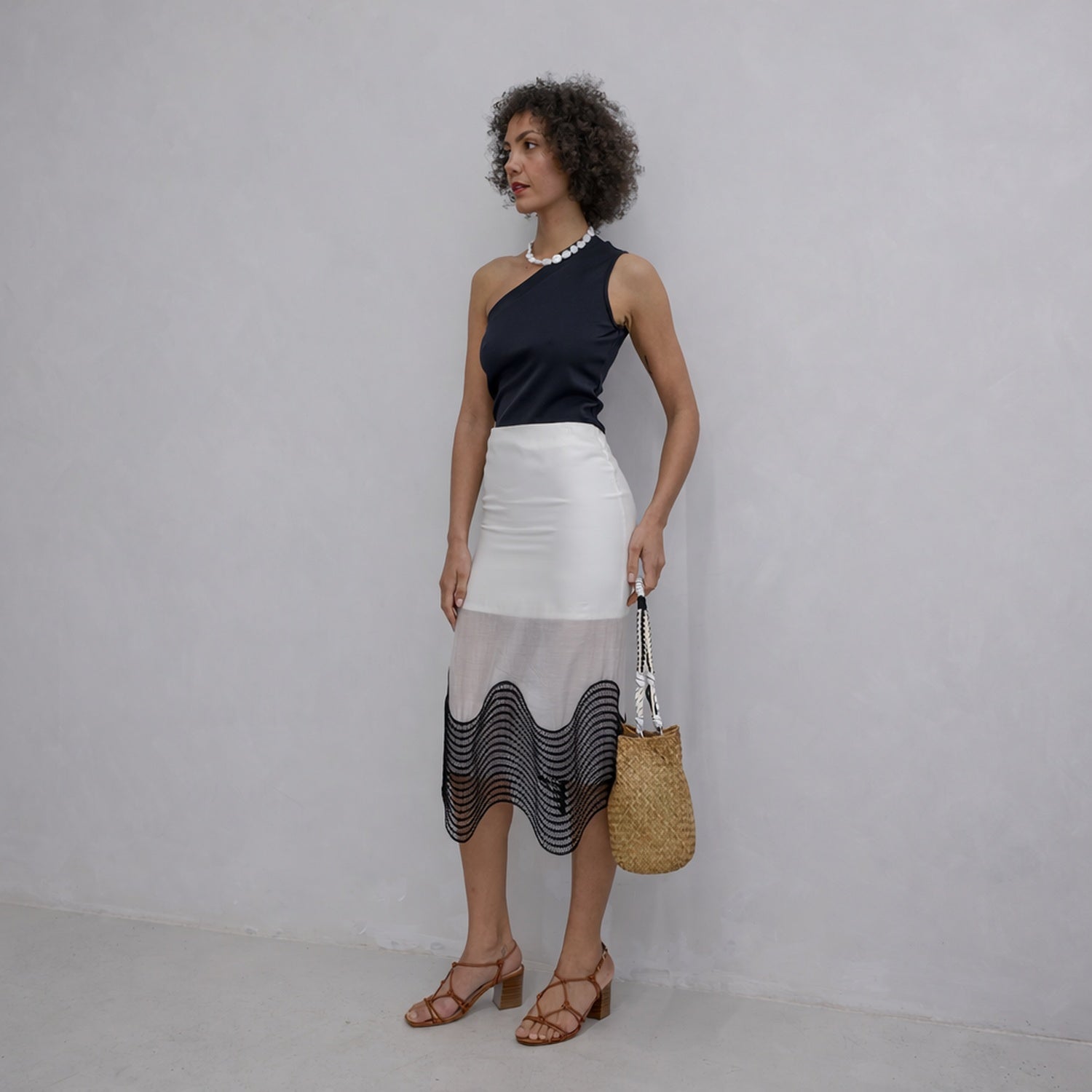 London Atelier Byproduct Sheer Pencil Skirt With Black Embroidery