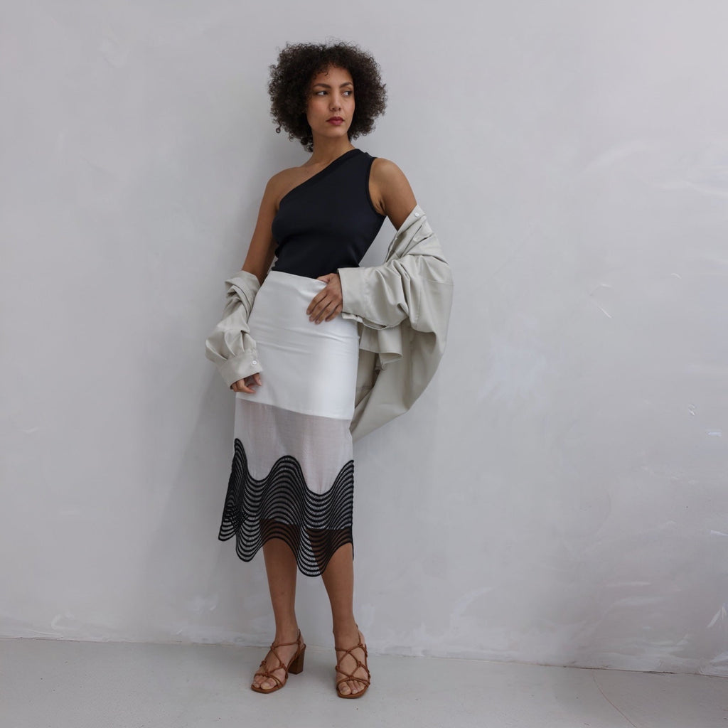 London Atelier Byproduct Sheer Pencil Skirt With Black Embroidery