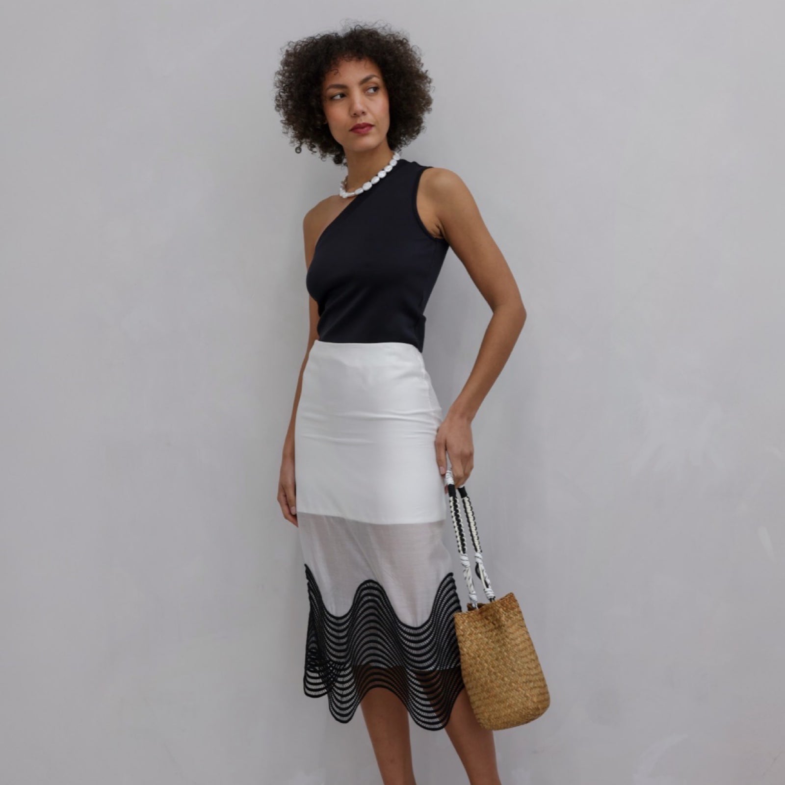 London Atelier Byproduct Sheer Pencil Skirt With Black Embroidery