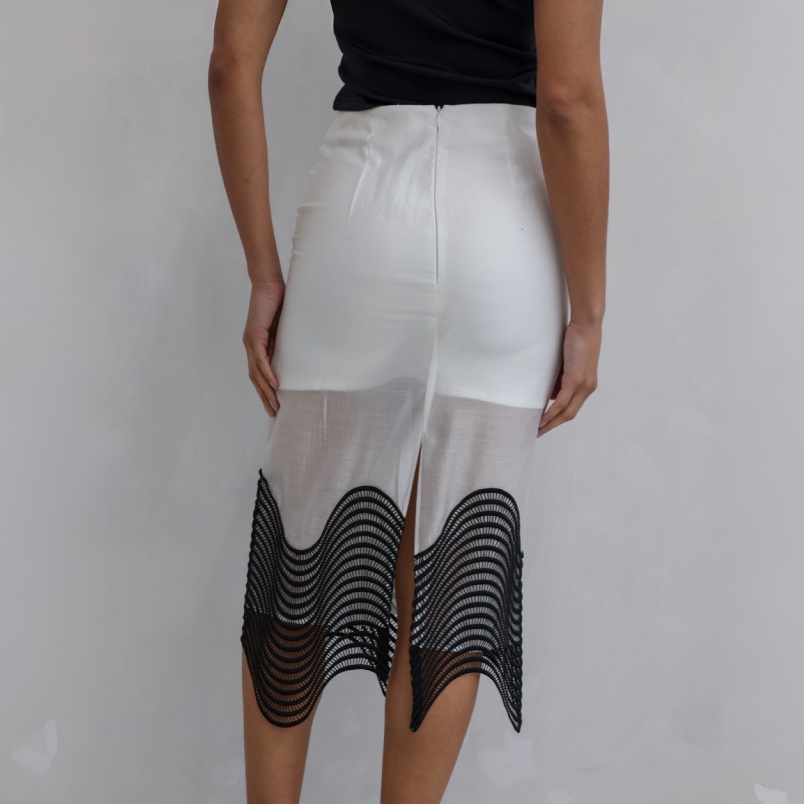 London Atelier Byproduct Sheer Pencil Skirt With Black Embroidery
