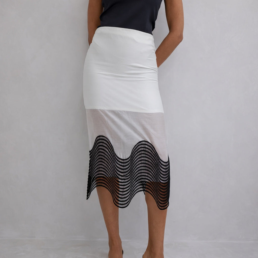 London Atelier Byproduct Sheer Pencil Skirt With Black Embroidery