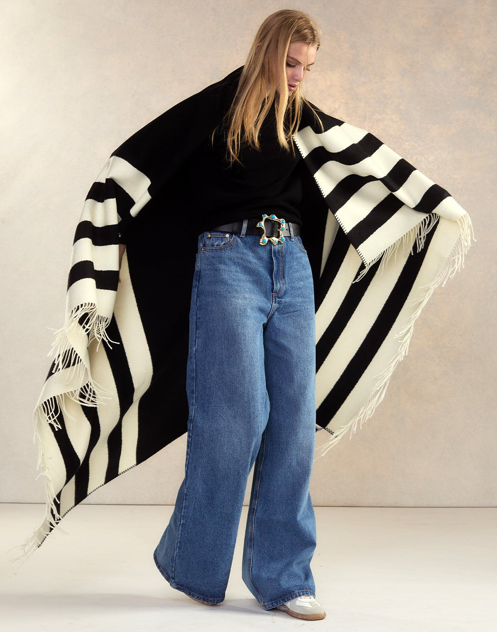 Cynthia Rowley Wool Cashmere Blanket Wrap - Black/White