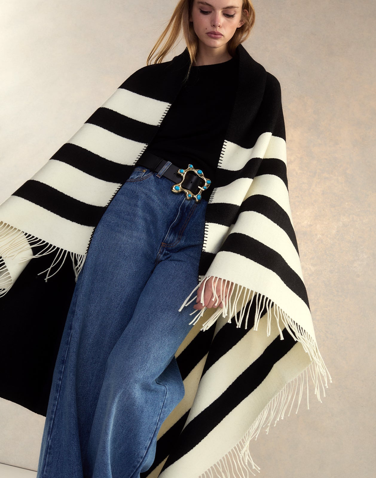 Cynthia Rowley Wool Cashmere Blanket Wrap - Black/White
