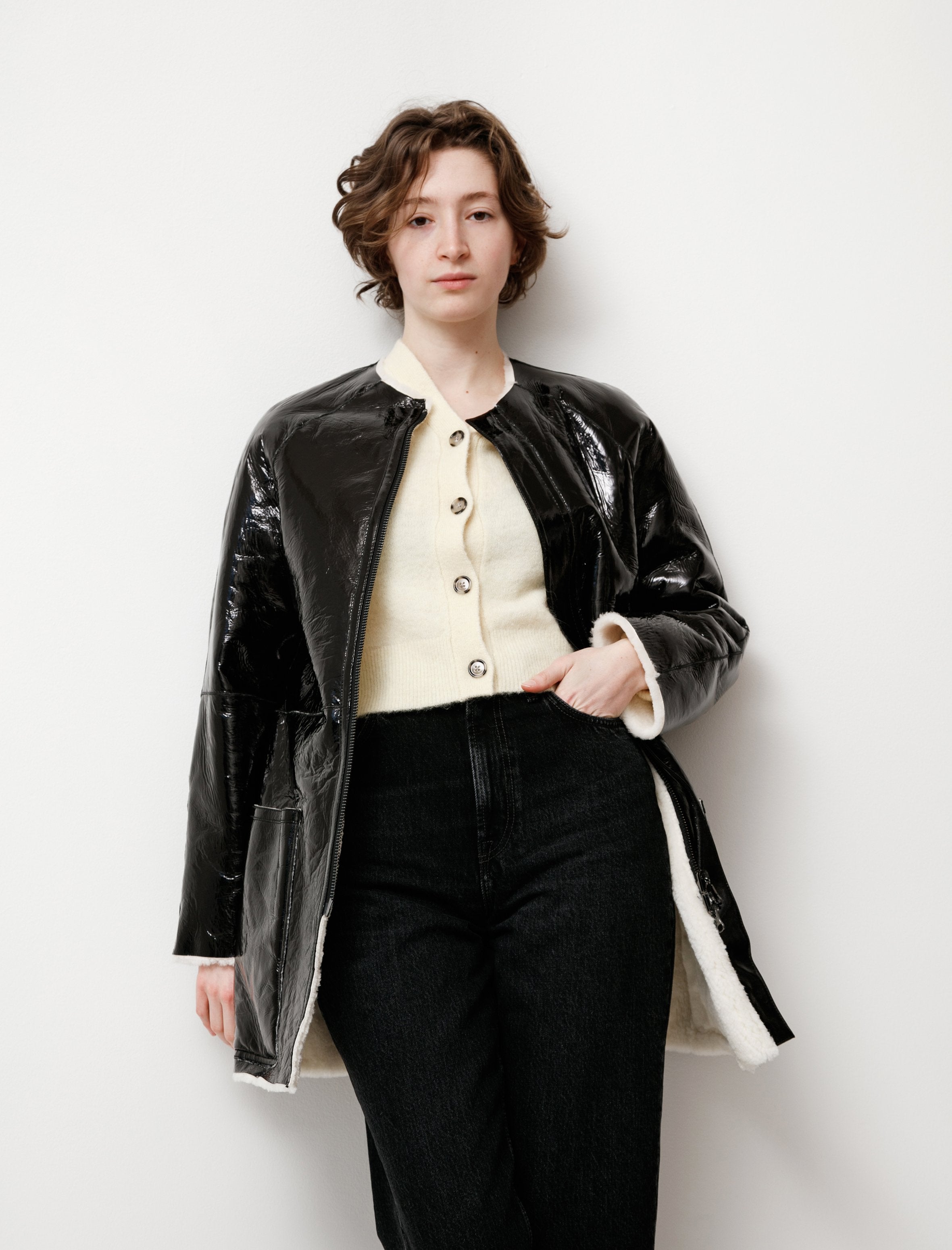 Y's by Yohji Yamamoto Reversible Enamel Shearling Coat - bLACK