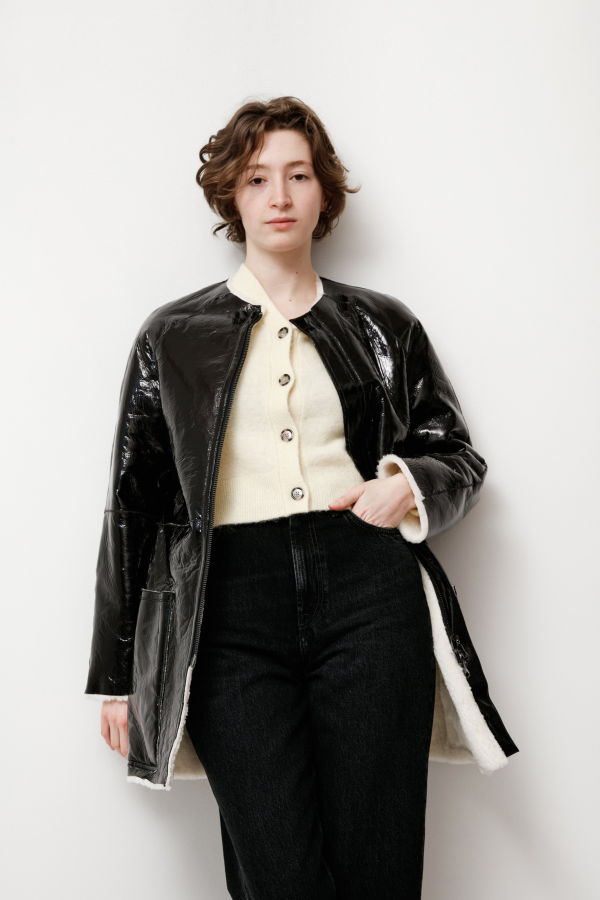 Y's by Yohji Yamamoto Reversible Enamel Shearling Coat - bLACK