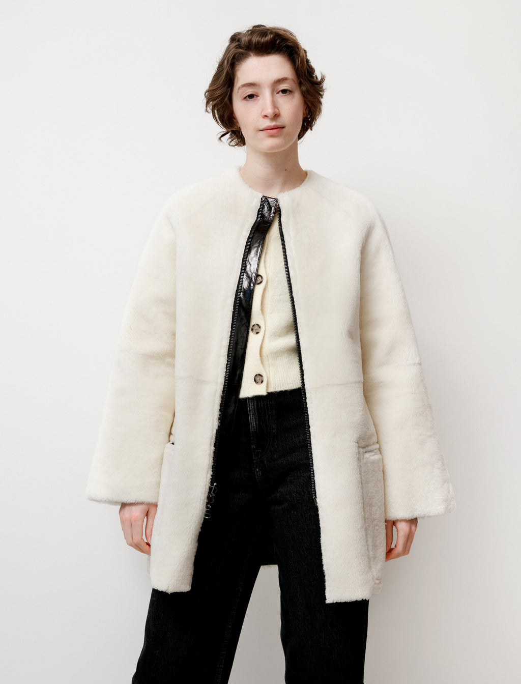 Y's by Yohji Yamamoto Reversible Enamel Shearling Coat - bLACK