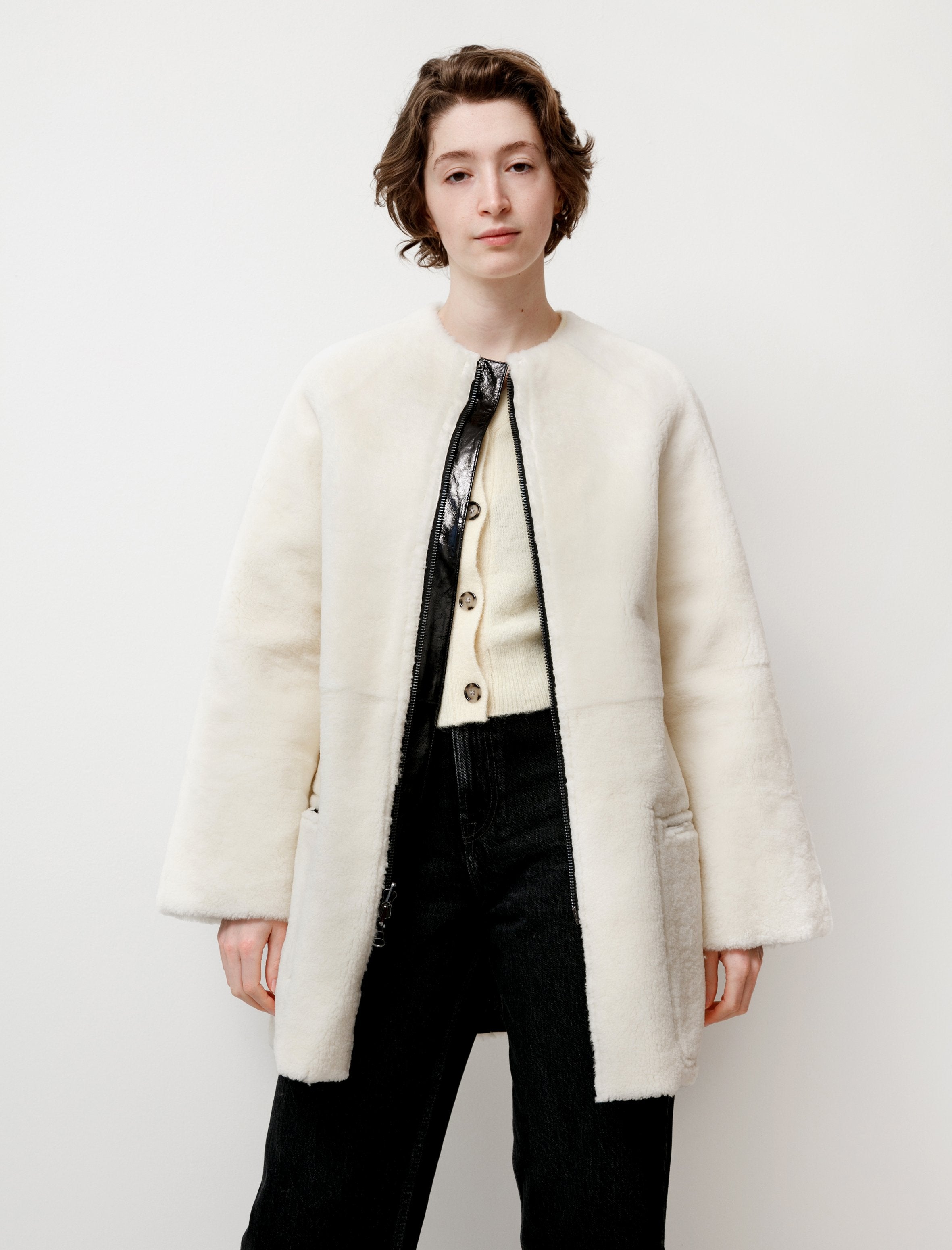 Y's by Yohji Yamamoto Reversible Enamel Shearling Coat - bLACK
