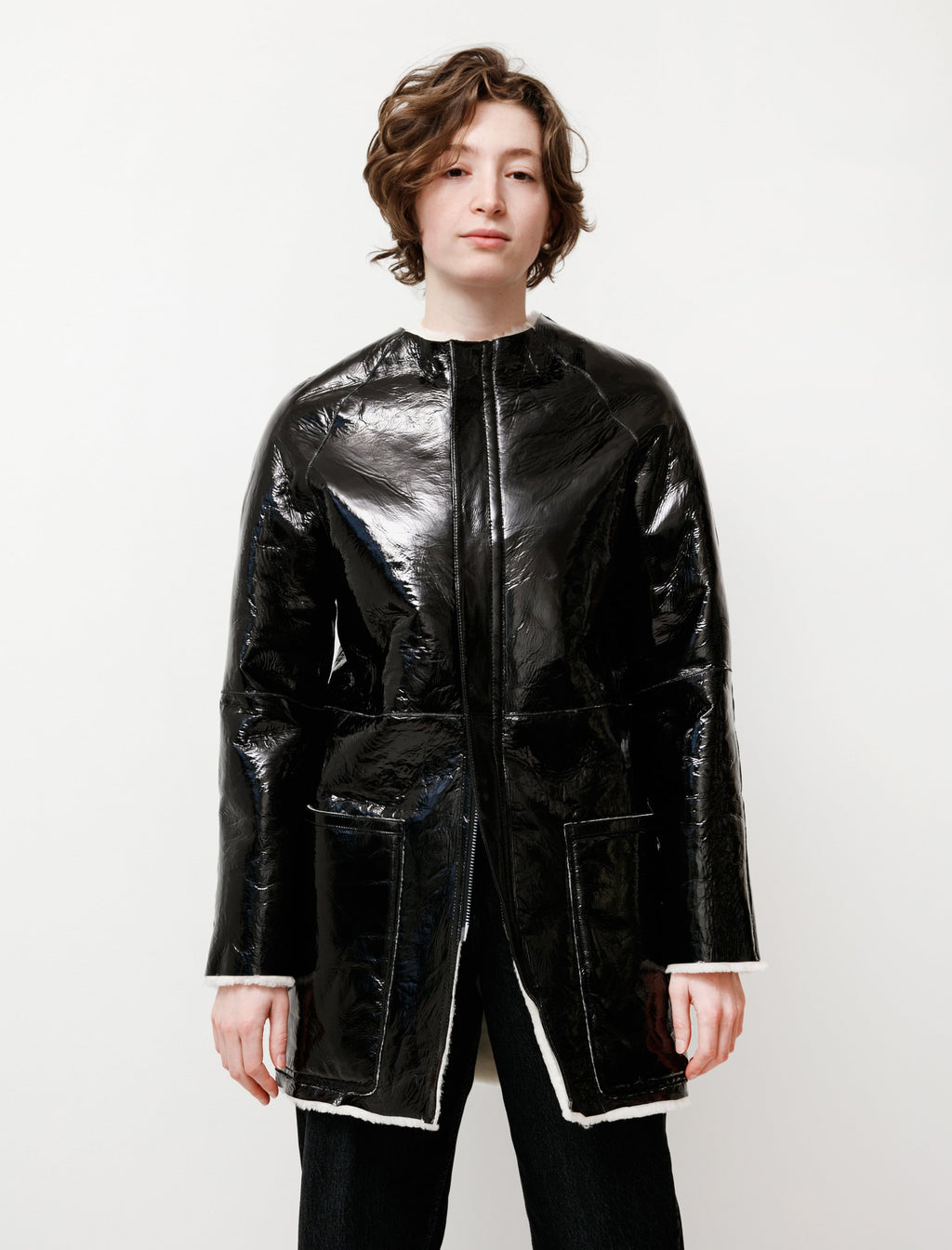 Y's by Yohji Yamamoto Reversible Enamel Shearling Coat - bLACK