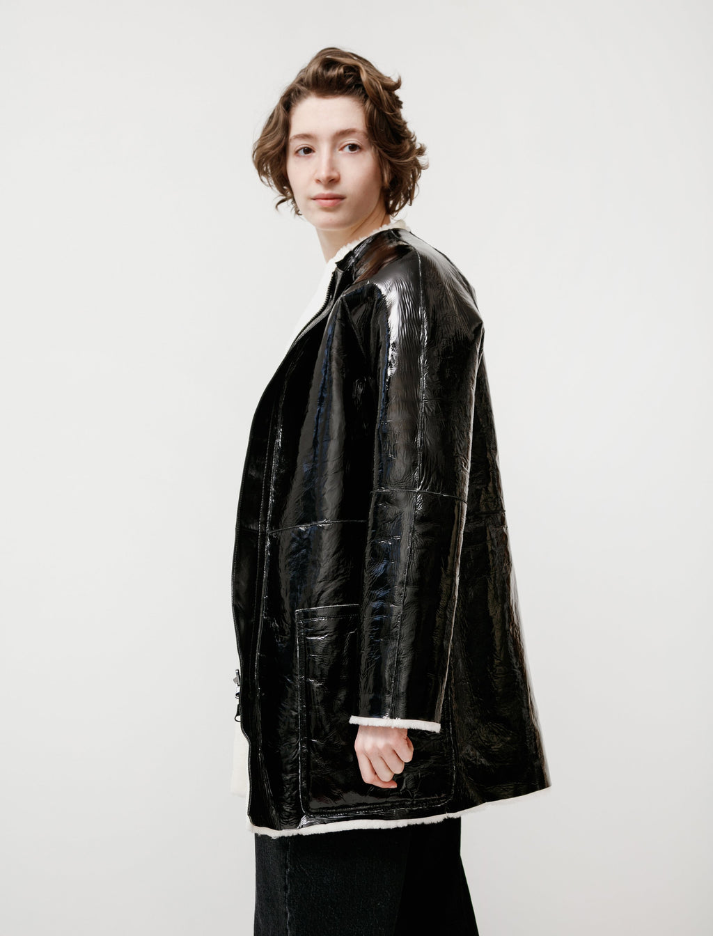 Y's by Yohji Yamamoto Reversible Enamel Shearling Coat - bLACK