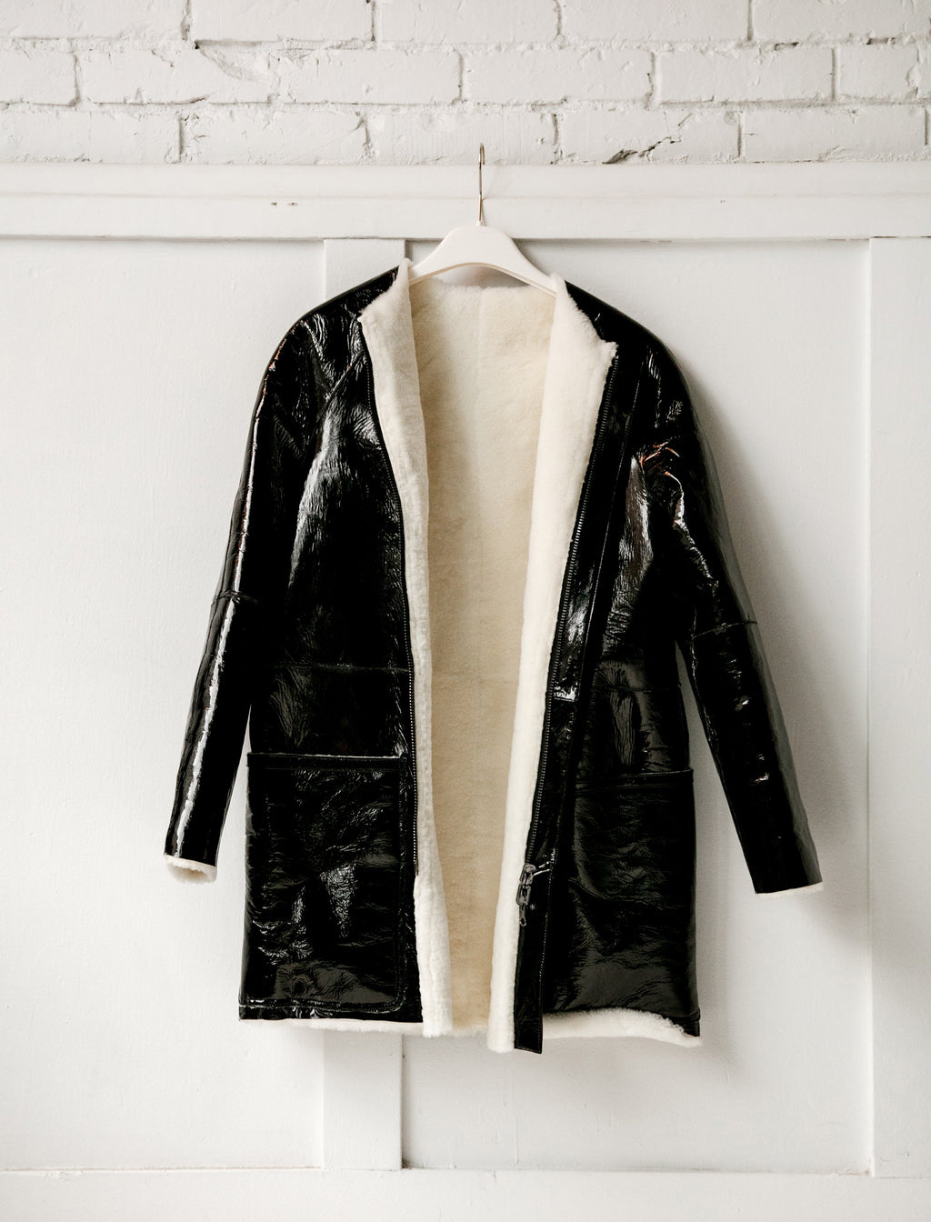 Y's by Yohji Yamamoto Reversible Enamel Shearling Coat - bLACK