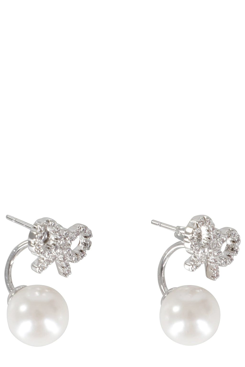 Self-Portrait Crystal Bow Pearl Jacket Earrings - Silver