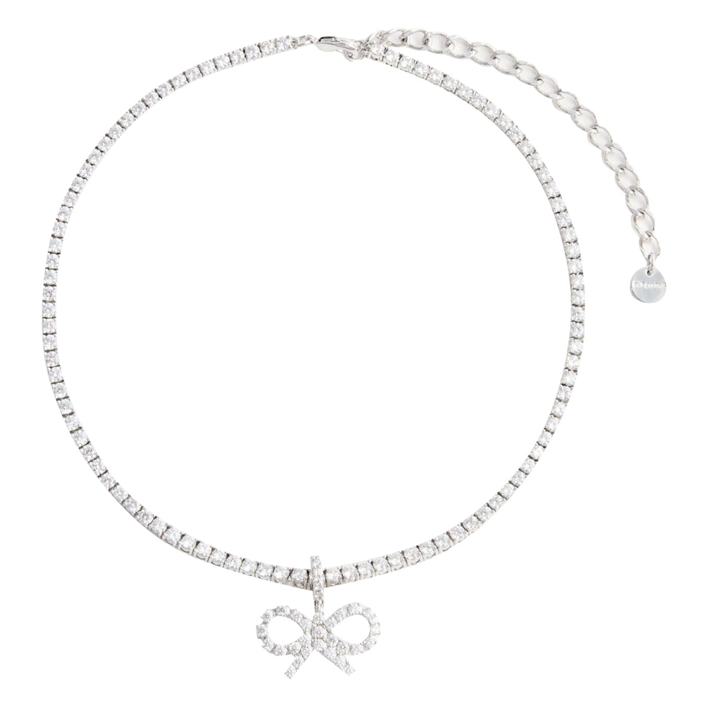 Self-Portrait Crystal Bow Tennis Necklace - Silver