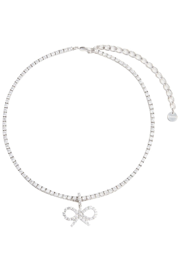 Self-Portrait Crystal Bow Tennis Necklace - Silver