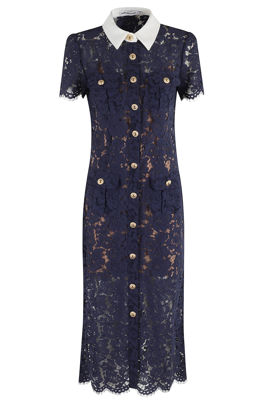 Self-Portrait Lace Contrast Collar Midi Dress - Blue