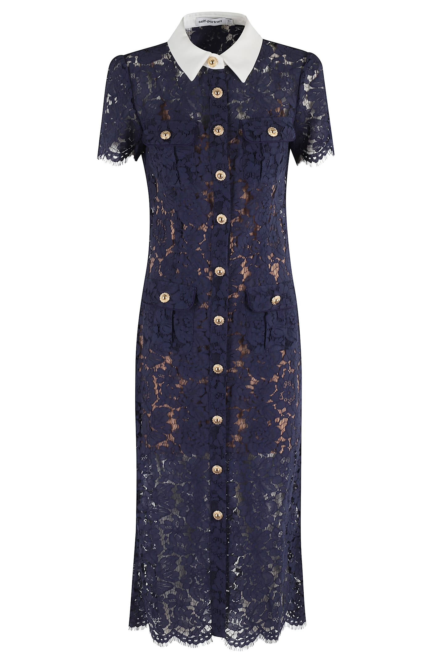 Self-Portrait Lace Contrast Collar Midi Dress - Blue