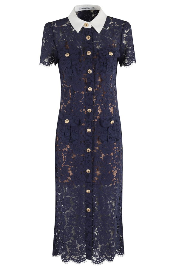 Self-Portrait Lace Contrast Collar Midi Dress - Blue