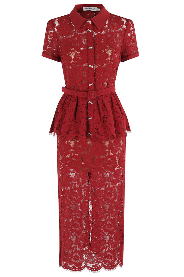 Self-Portrait Lace Peplum Midi Dress - Burgundy