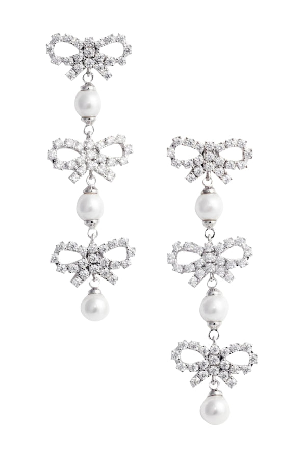 Self-Portrait Micro Bow Pearl Tiered Earrings - Silver