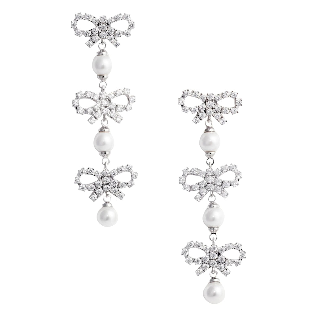 Self-Portrait Micro Bow Pearl Tiered Earrings - Silver