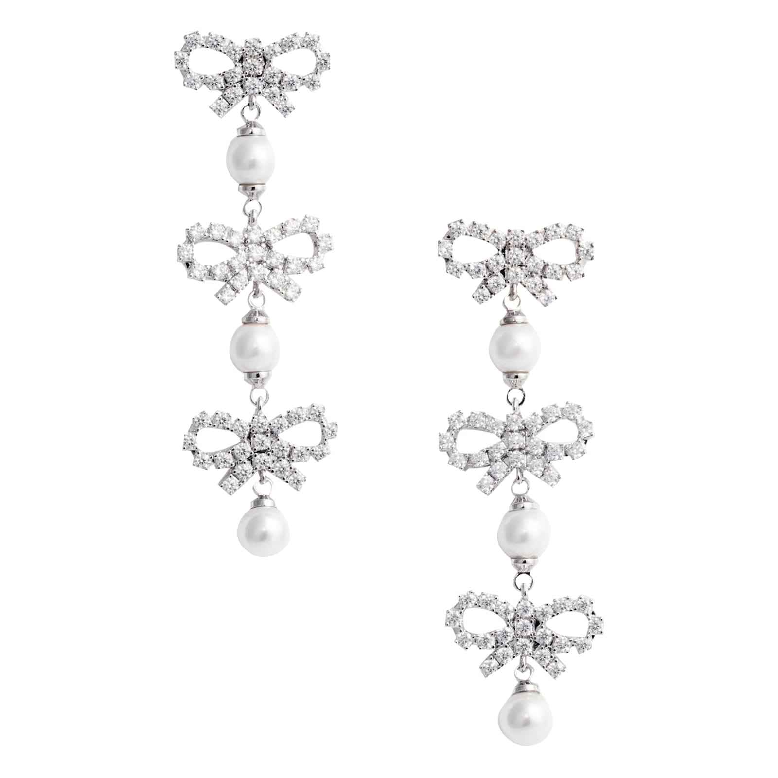 Self-Portrait Micro Bow Pearl Tiered Earrings - Silver