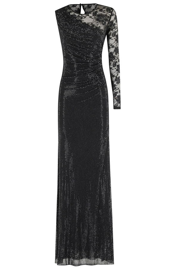 Self-Portrait Rhinestone Lace Sleeve Maxi Dress - Black