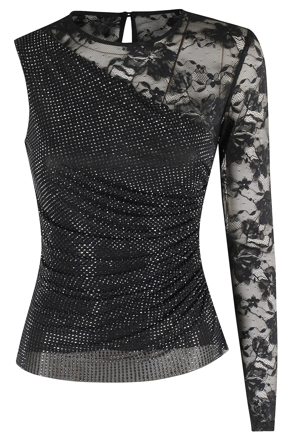 Self-Portrait Rhinestone Lace Sleeve Top - Black