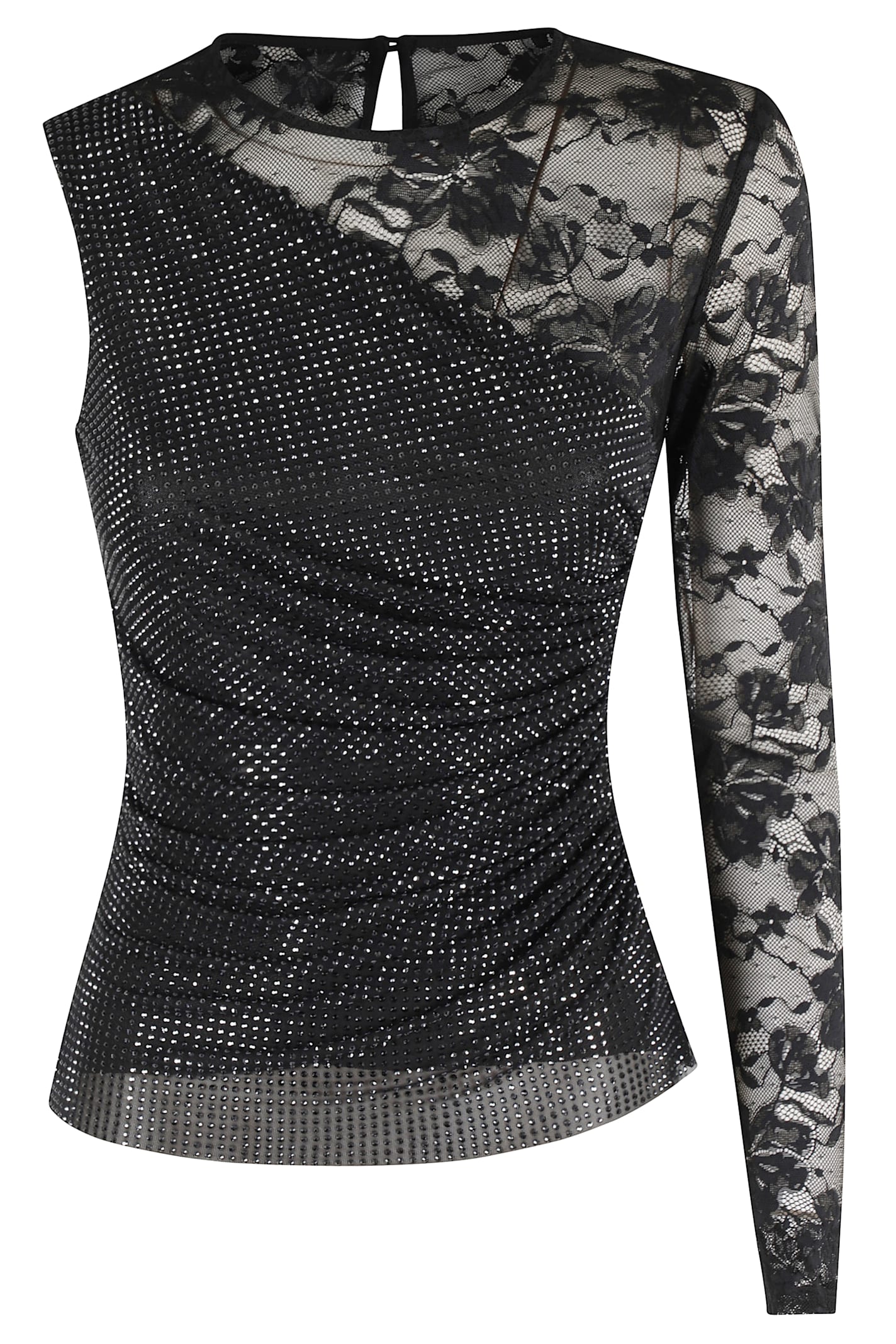 Self-Portrait Rhinestone Lace Sleeve Top - Black