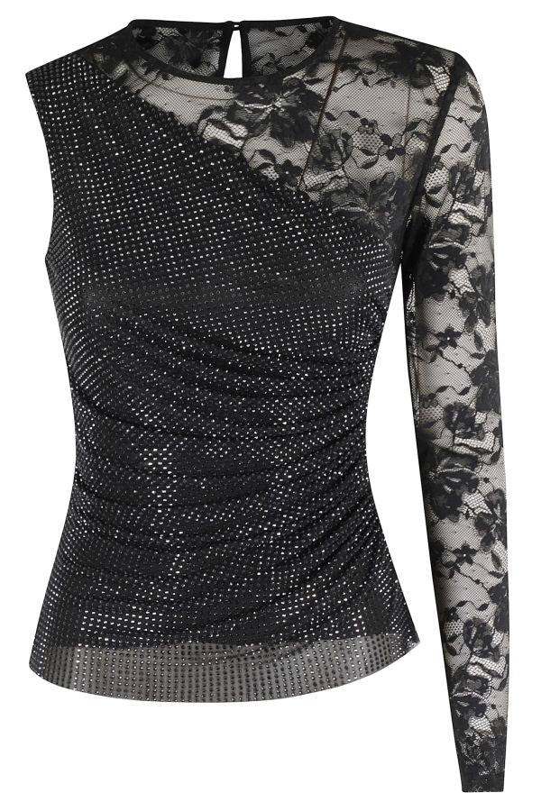 Self-Portrait Rhinestone Lace Sleeve Top - Black
