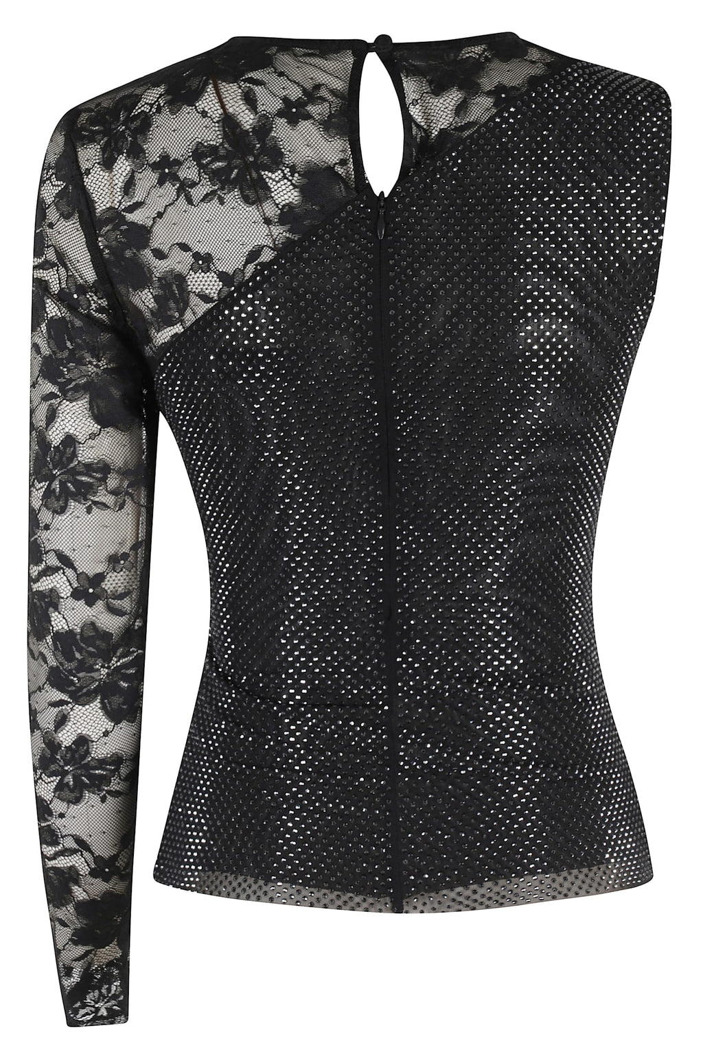 Self-Portrait Rhinestone Lace Sleeve Top - Black