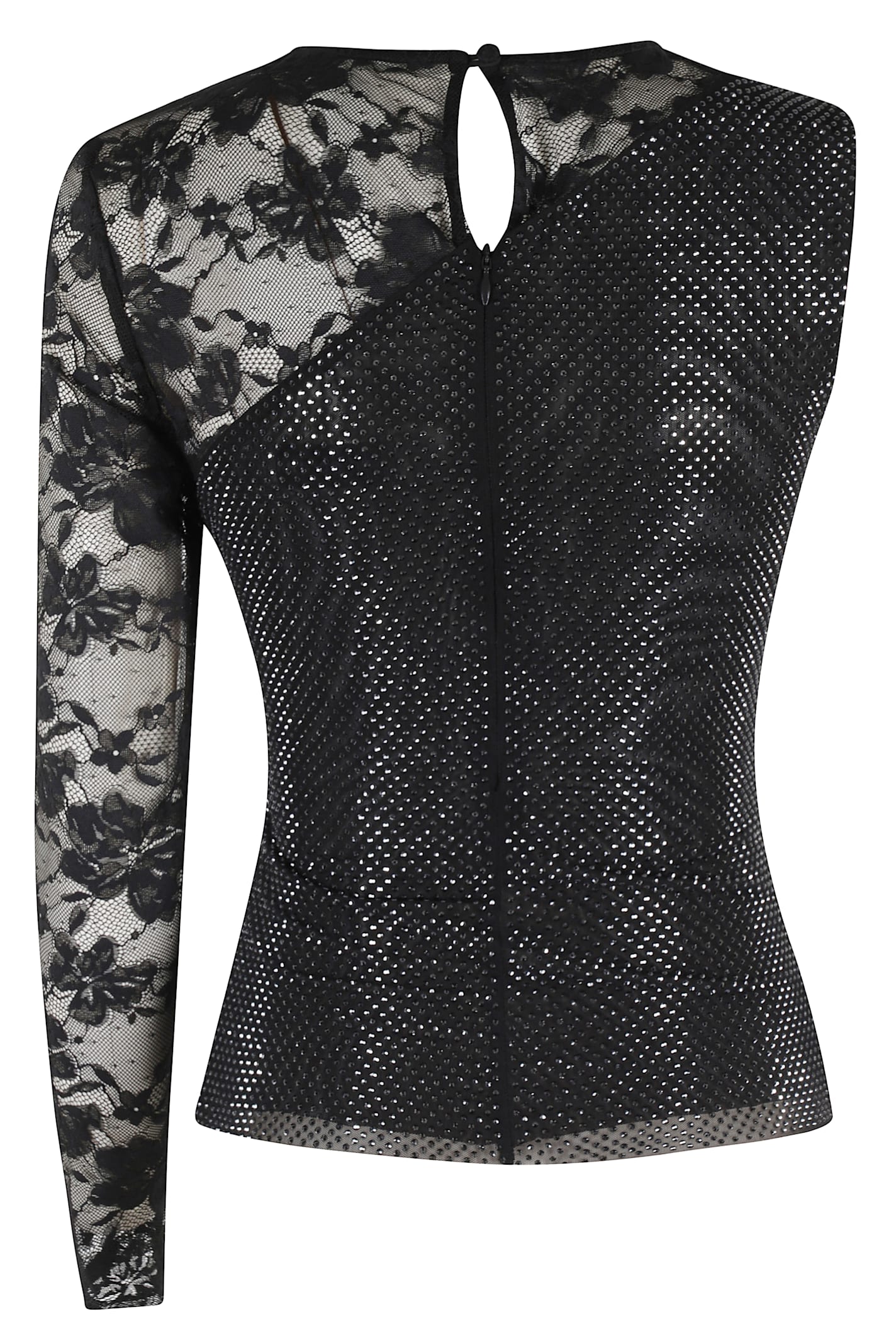Self-Portrait Rhinestone Lace Sleeve Top - Black